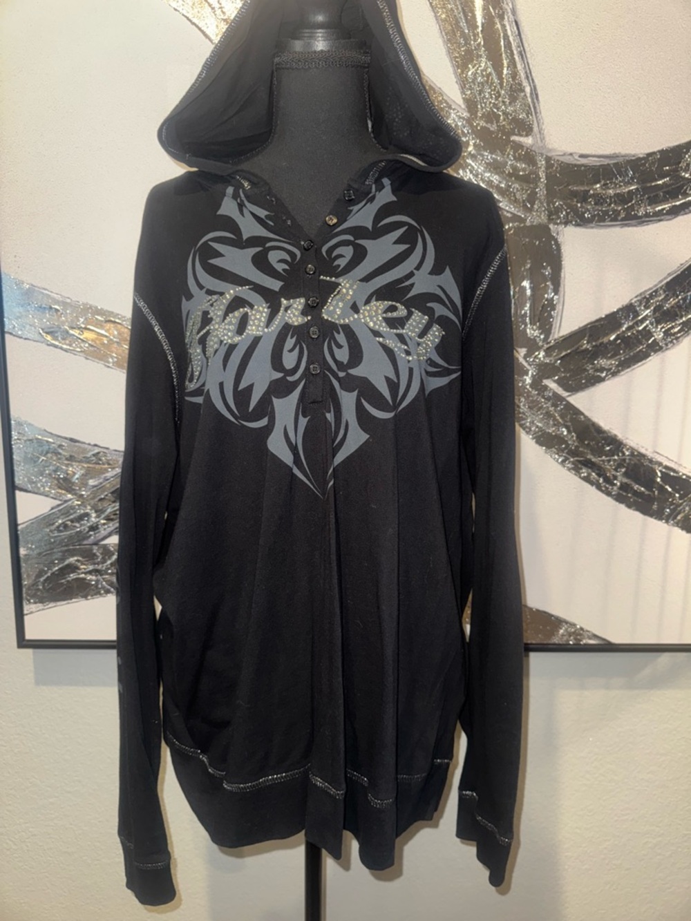 Harley-Davidson Black Hooded Button-Up with Silver Graphic and Gold Studs